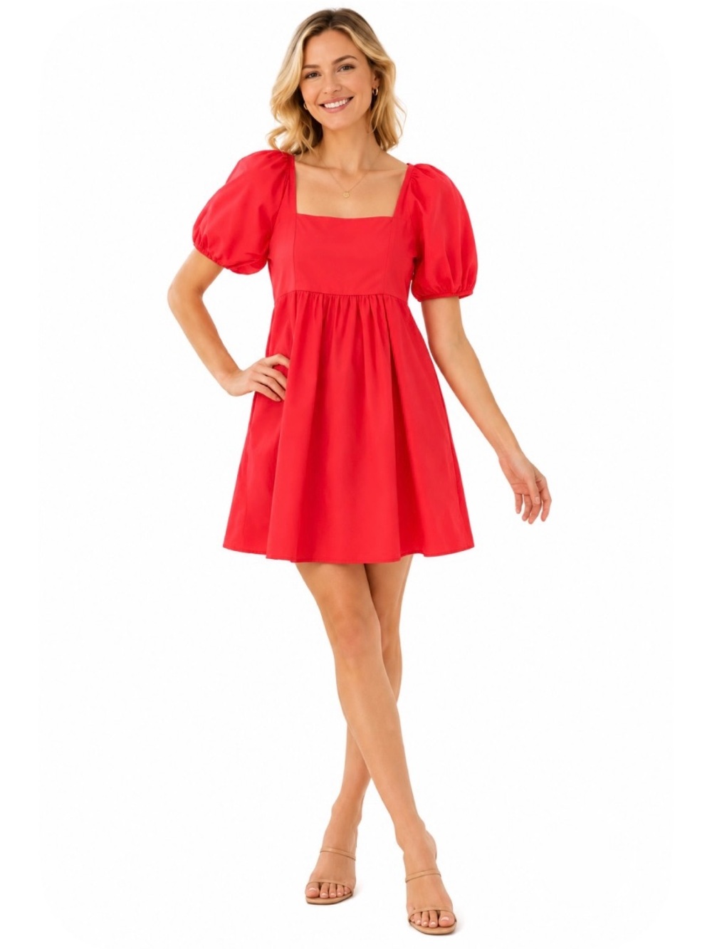 Draper James Red Square-Neck Puff Sleeve Mini Dress - Size Medium